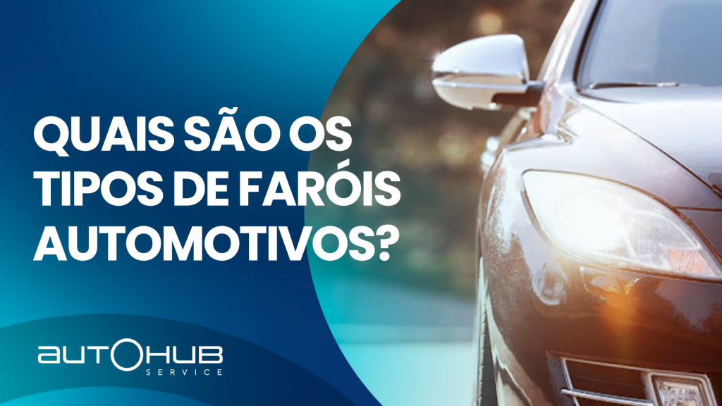 Zoom no farol aceso de um carro, com o seguinte texto: Quais são os tipos de faróis automotivos?