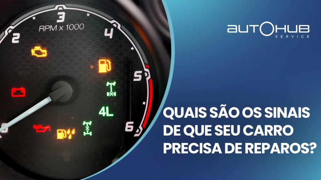 Foto do painel de um carro com luzes de alerta acesas e o seguinte texto: Quais são os sinais de que seu carro precisa de reparos?