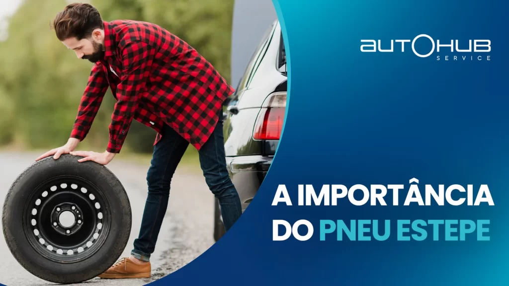 Homem rolando um pneu reserva no meio da estrada, com o seguinte texto ao lado: A importância do pneu estepe